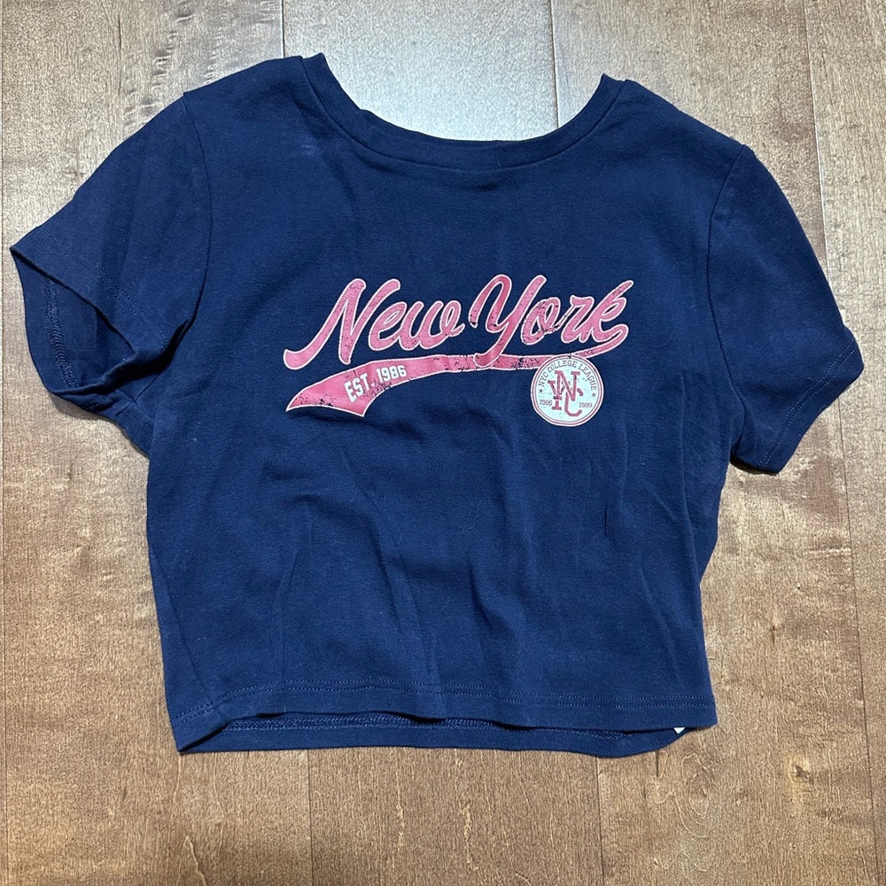Garage Navy Crop Tee with Pink "New York" Graphic